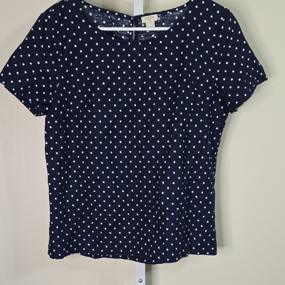 J. Crew Navy Blue With White Polka Dots Short Sleeve Blouse Ladies Sz S